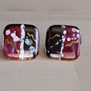 Hand Painted Ceramic Earrings MODERNIST Abstract Cranberry Dark Gray White Gold